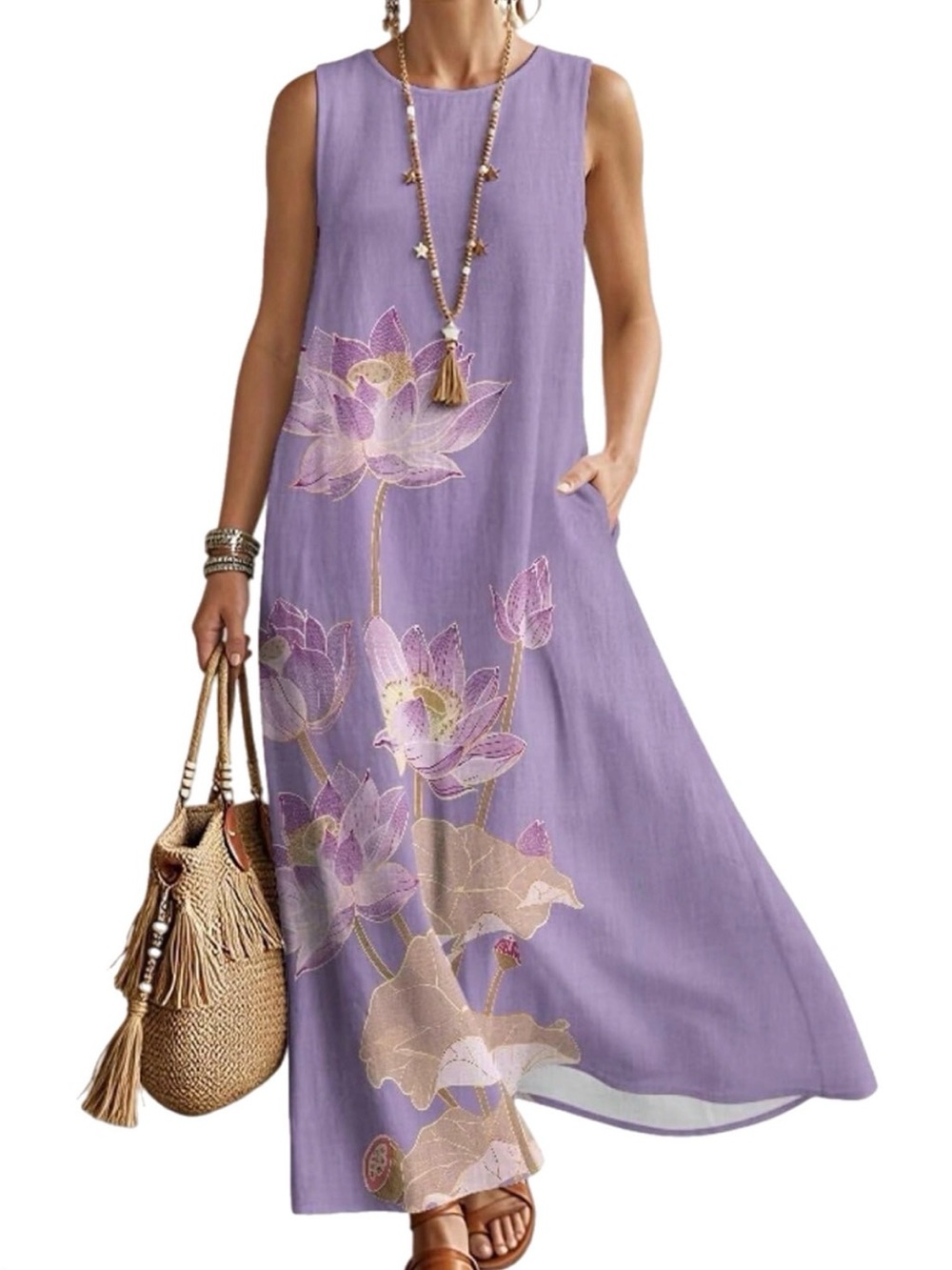 NWT XL POLERO Women’s Summer Sleeveless Purple Lavender Floral Maxi Tank Dress